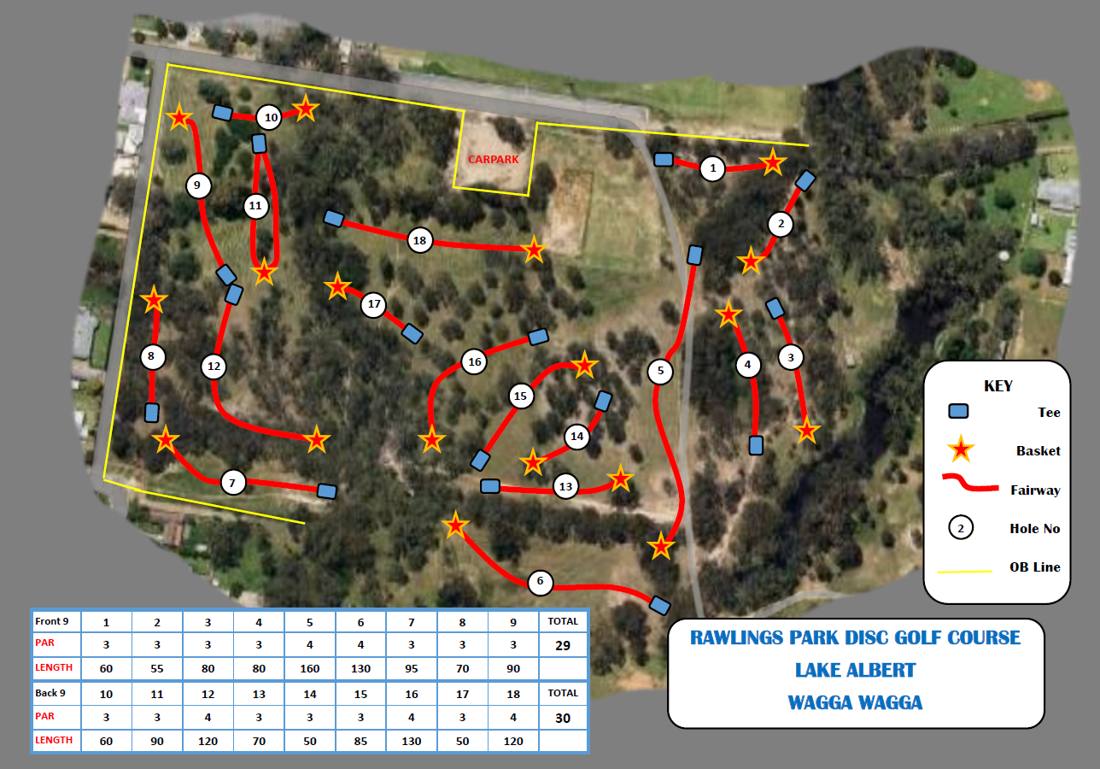 Draft 18-hole disc golf layout over an aerial photo of Rawlings Reserve, Lake Albert, showing tees, baskets, fairways and a scorecard